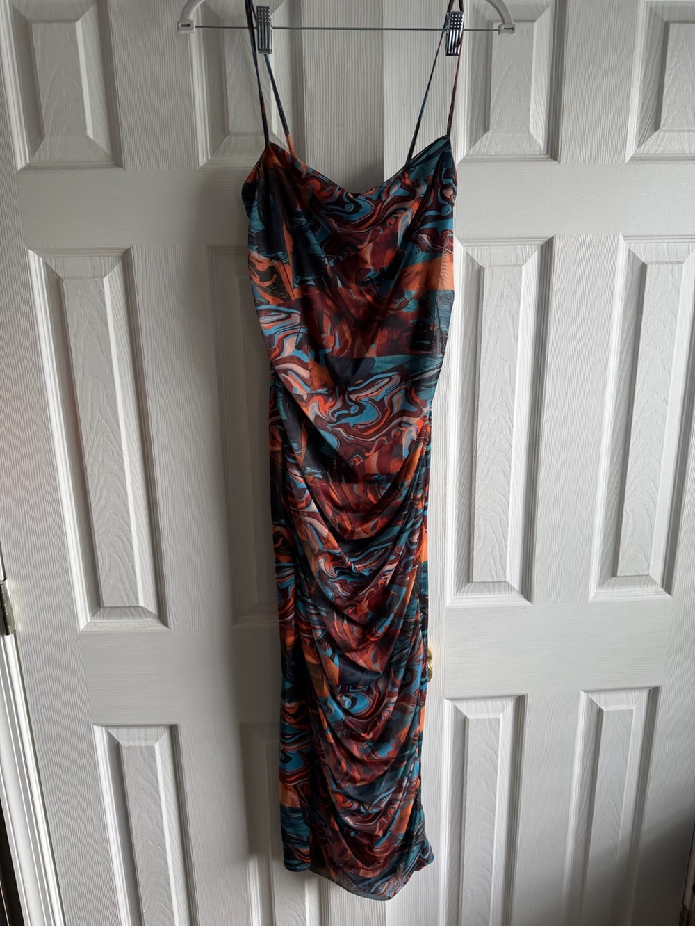 PrettyLittleThing Marble-Print Cowl Neck Midi Dress in Rust & Teal